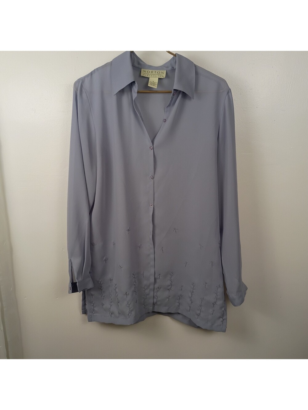 Vintage Norton McNaughton Dusty Blue Embroidered Button Front Tunic Blouse Sz S